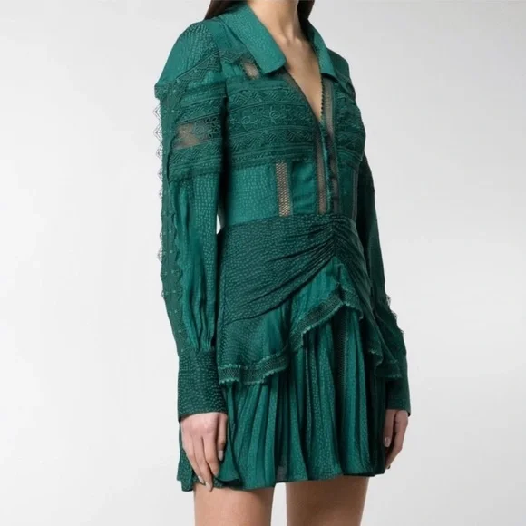 Self-Portrait Green Ruched Bishop Sleeve Lace Trim Dress NWT